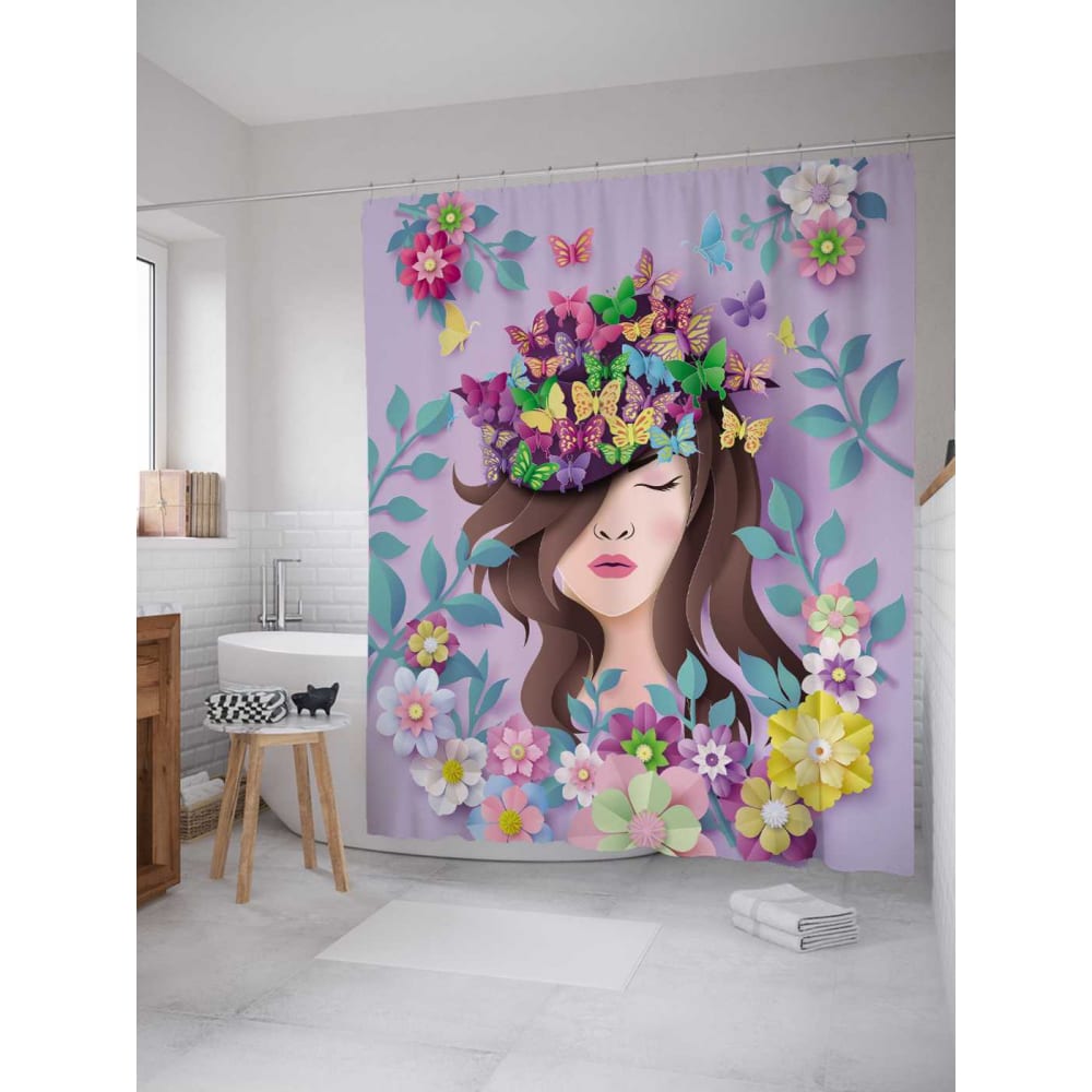 Шторка-занавеска для ванной JOYARTY Девушка в бабочках и цветах