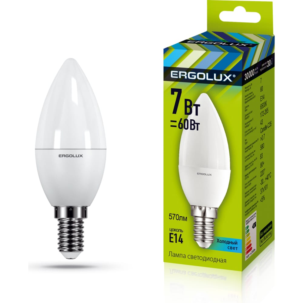 Электрическая светодиодная лампа Ergolux LED-C35-7W-E14-6K Свеча