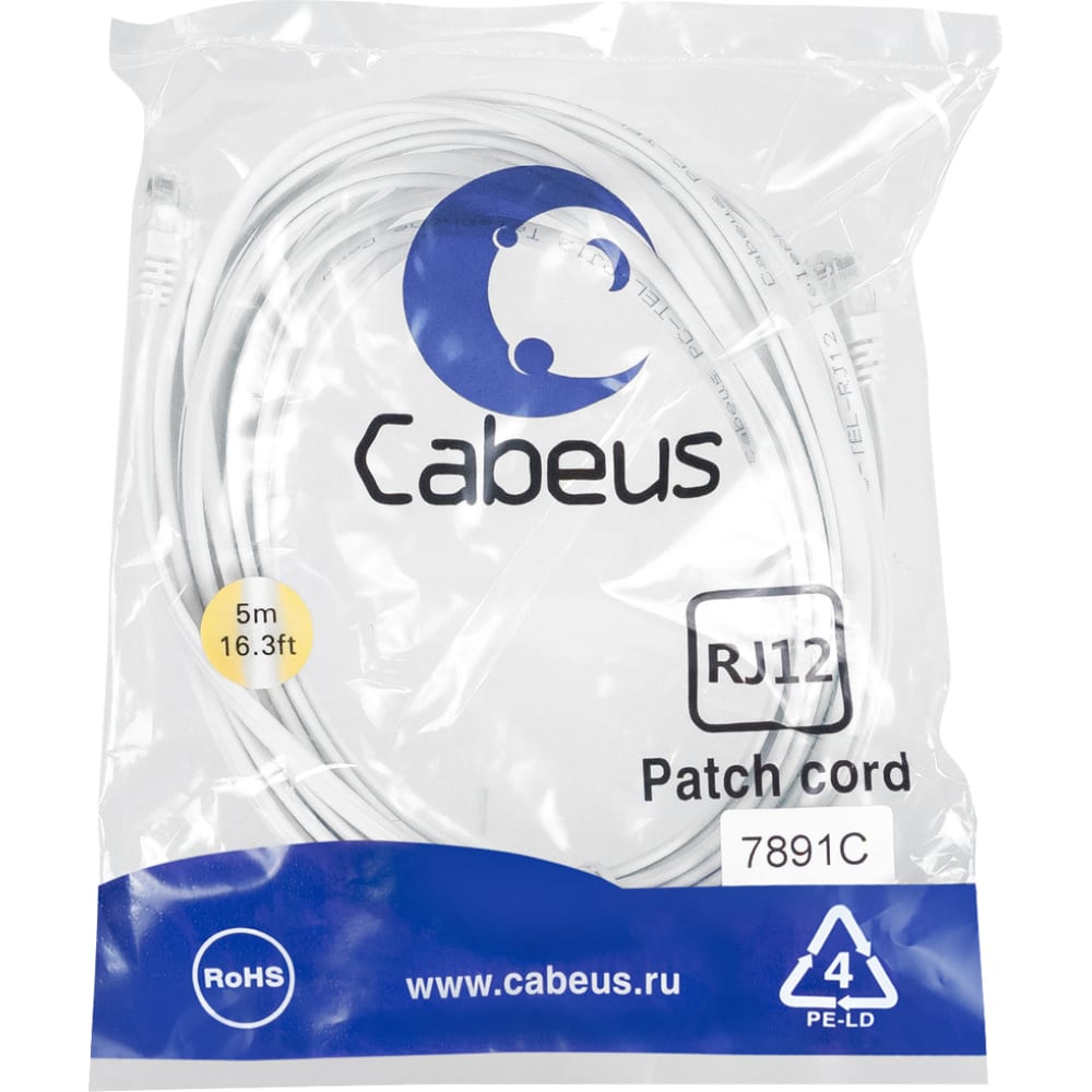 Телефонный патч-корд Cabeus PC-TEL-RJ12-5m